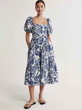 Abercrombie & Fitch Blue and White Floral Puff-Sleeve Midi Dress